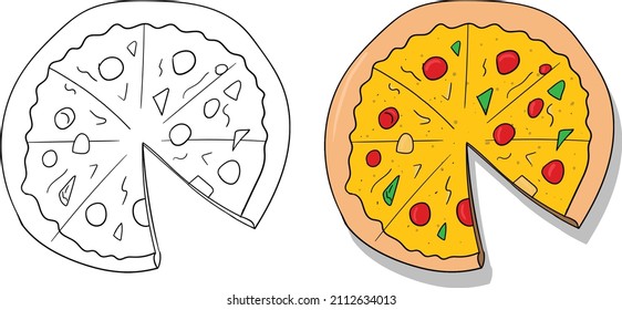 Hand drawn pizza circle with an outline Isolated vector illustration, simple fast food illustration