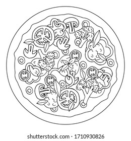 Hand drawn pizza for coloring book. Vector illustration in doodle style.