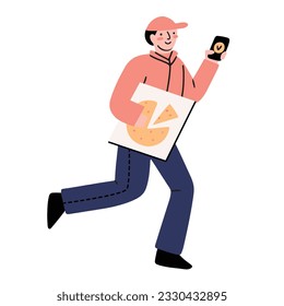 Hand drawn pizza delivery guy with a smartphone, checking online order status. Isolated vector illustration in flat doodle style