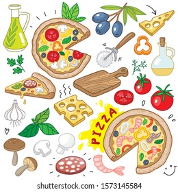 hand drawn pizza doodle ingredients icon set
