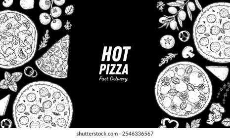 Hand drawn pizza frame. Vector illustration. Italian food.