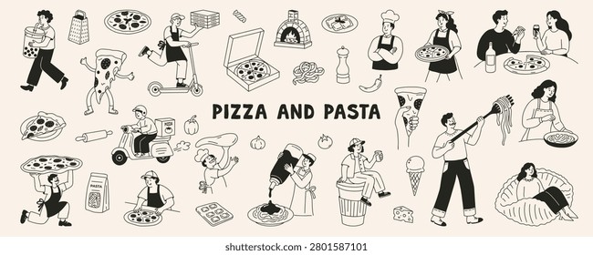 Hand drawn pizza illustration set with chefs, food lovers and Italian cuisine elements. Features pizza slices, mozzarella, pepperoni and restaurant characters. Perfect for menus, pizzerias, stickers, posters and food branding