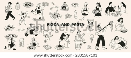 Hand drawn pizza illustration set with chefs, food lovers and Italian cuisine elements. Features pizza slices, mozzarella, pepperoni and restaurant characters. Perfect for menus, pizzerias, stickers, posters and food branding