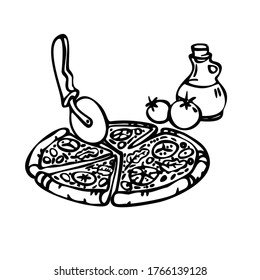Hand drawn pizza illustration. Vector sketch pizza slices. Pizza slicer. Outline style. Great for menu, poster or label. Line art
