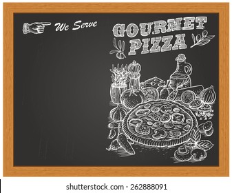 Hand drawn of pizza and ingredients on a chalkboard, vector
