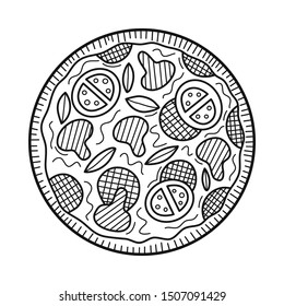 Hand drawn pizza isolated on a white. Great for menu, poster or label. Vector illustration.