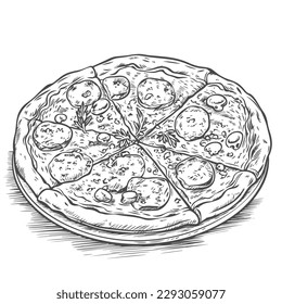 Hand drawn pizza isolated on white background. Vector illustration in sketch style.