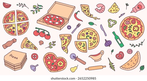 Pizza desenhada à mão. Calzone italiano, caixa de pizza com margherita, ingredientes de cobertura, pizzas cortadas em desenhos animados e ferramentas de cozinha. Conjunto de ilustração vetorial isolado de doodle colorido.