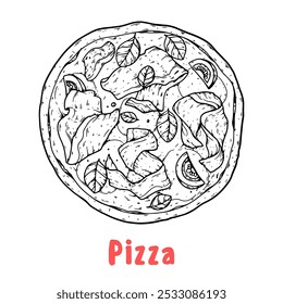 Pizza desenhada à mão. Elemento de design de pizza italiana. Ilustração vetorial. Esboço de comida italiana. Menu, design do pacote