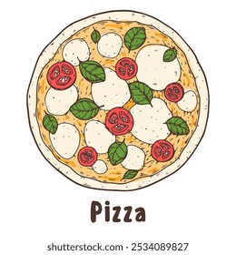 Pizza desenhada à mão. Elemento de design de pizza italiana. Ilustração vetorial. Esboço de comida italiana. Menu, design do pacote