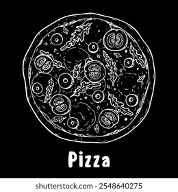 Hand drawn pizza. Italian pizza design element. Vector illustration. Italian food sketch. Menu, package design