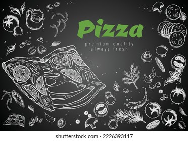 Hand drawn pizza line banner. Engraved style chalk doodle background. Savoury pizza ads. Tasty vector banner for cafe, restaurant or food delivery service