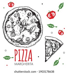 Hand drawn pizza Margherita design template. Sketch style traditional Italian food. Doodle flat vegetables. Whole pizza and slice. Best for menu, poster and flyers design. Vector illustration.