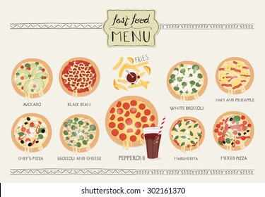 Hand drawn pizza menu illustrations. 