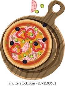 hand drawn pizza with olives and peppers illustration