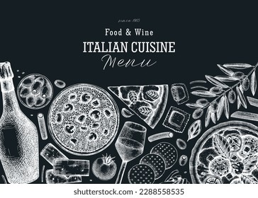 Hand drawn pizza, pasta, prosecco, risotto banner on chalkboard. Italian food and drinks vector background. Mediterranean cuisine ingredients illustrations. Vintage restaurant menu design template. 