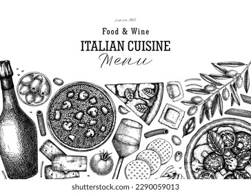 Hand drawn pizza, pasta, prosecco, risotto banner. Italian food and drinks vector background. Mediterranean cuisine ingredients vintage illustrations. Modern restaurant menu design template. 