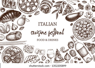 	
Hand drawn pizza and pasta top view frame. Italian food and drinks menu design template. Engraved style pizzeria illustration. Italian cuisine ingredients vintage sketch. For label, banner, package.