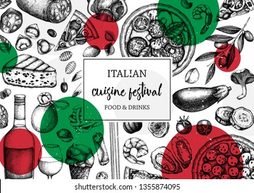 Hand drawn pizza and pasta top view frame. Italian food and drinks menu design template. Engraved style pizzeria illustration. Italian cuisine ingredients vintage sketch. For label, banner, package.