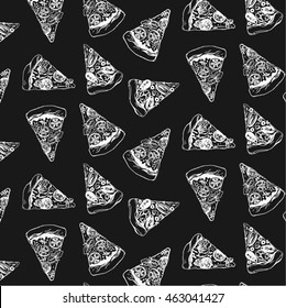 Hand drawn pizza pattern with black chalkboard background and white chalk drawings