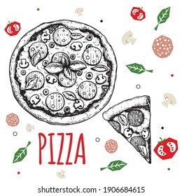 Hand drawn pizza Pepperoni design template. Sketch style traditional Italian food. Doodle flat ingredients. Whole pizza and slice. Best for menu, poster and flyers design. Vector illustration.