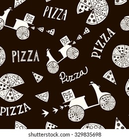 Hand drawn pizza seamless background including pizza,scooter, title. Food pattern for your design.