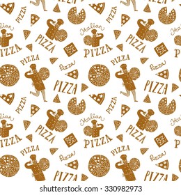 Hand drawn pizza seamless background including pizza, chef, title. Food pattern for your design.