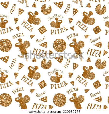 Hand drawn pizza seamless background including pizza, chef, title. Food pattern for your design.