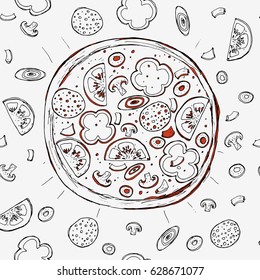 Hand drawn pizza, seamless doodle background, pizza menu