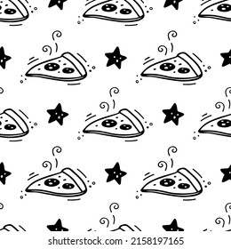 Pizza dibujada a mano sin costura. Patrón de comida rápida. Ilustración de comida rápida vectorial en estilo doodle. Ilustración vectorial. Esbozo de porción de pizza y estrella.