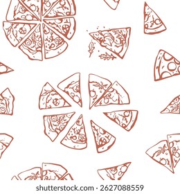 Hand drawn pizza seamless pattern. Simple sketch style design with pizza slices