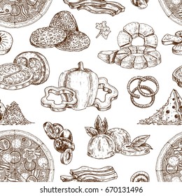 Hand drawn pizza seamless pattern with monochrome images of filler ingredients salami ripe vegetables with slices vector illustration