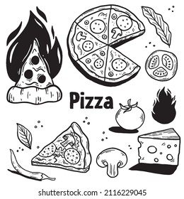 Pizza dibujada a mano. Colección vectorial de Doodle.