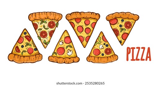 Conjunto de pizza dibujado a mano. Conjunto de rebanadas de pizza estilo doodle aisladas. Diseño sobre fondo blanco para menús, pizzerías, restaurantes, Anuncios, mercados. Ilustración vectorial