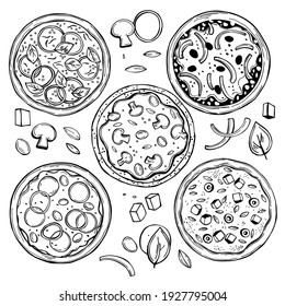 Hand drawn pizza set. Vector sketch illustration. 