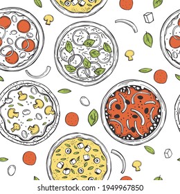 Hand drawn pizza set.  Vector  seamless pattern. 