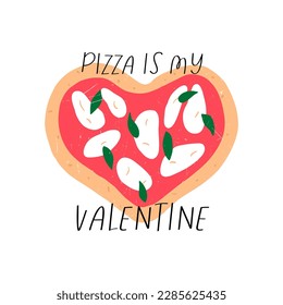 Pizza dibujada a mano en forma de corazón, tarjeta de saludo del día de San Valentín - ilustración vectorial plana sobre fondo blanco. Pizza es mi texto de inscripción de San Valentín. pizza margherita, diseño de restaurante italiano.