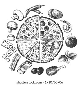 Hand drawn pizza sketch, vintage pen and ink food illustration isolated on white background. Vector etching.