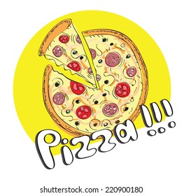 hand drawn pizza with slice - bright vector illustration
