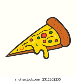Hand drawn pizza slice icon illustration with dripping cheese. food illustration