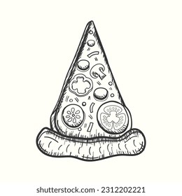 Hand drawn pizza slice illustration in retro vintage style