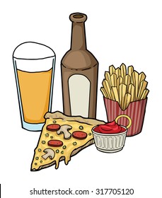 Hand drawn Pizza slice meal set, with beer, pizza and fries, vector illustration isolated on white