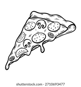 Hand drawn pizza slice, monochrome engraving, line art style vector illustration isolated on white background	
