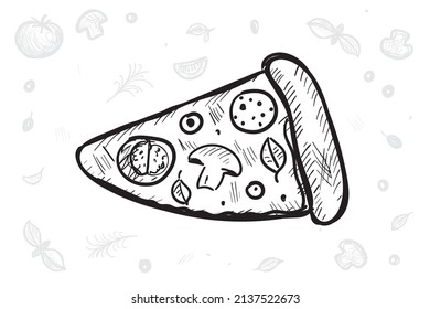 Hand drawn pizza slice. Pizzeria engraving logo, sketch, doodle, a piece of pepperoni pizza on white background, vector illustration