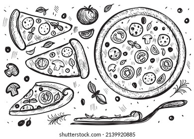 Hand drawn pizza slice. Pizzeria engraving logo, sketch, doodle, a piece of pepperoni pizza on white background, vector illustration