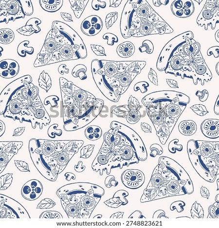 Hand drawn pizza slice seamless pattern in modern monochrome line art style. Minimal blue outline illustration with pizza slices, tomato, mushroom and basil ingredients arranged in repeating composition. Decorative food background ideal for packaging design, textile prints, wrapping paper, restaurant branding and menu decoration
