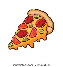 Hand drawn pizza slice sketch. Pepperoni with tomatoes and olives. Fast food icon. Retro style vector illustration. Pizzeria logo. Piece of pizza cartoon symbol. Yummy fastfood colorful drawing.