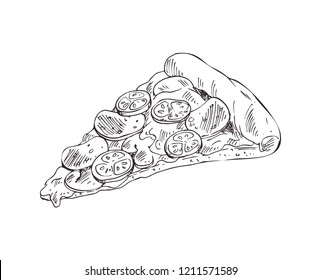 Hand drawn pizza slice vector monochrome illustration. Fast food badge sketch style for brochures and banner restaurant menu, cafe cover template