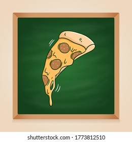hand drawn pizza slice vector on green chalkboard background