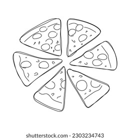 Hand drawn pizza slices isolated on white background. Vector.